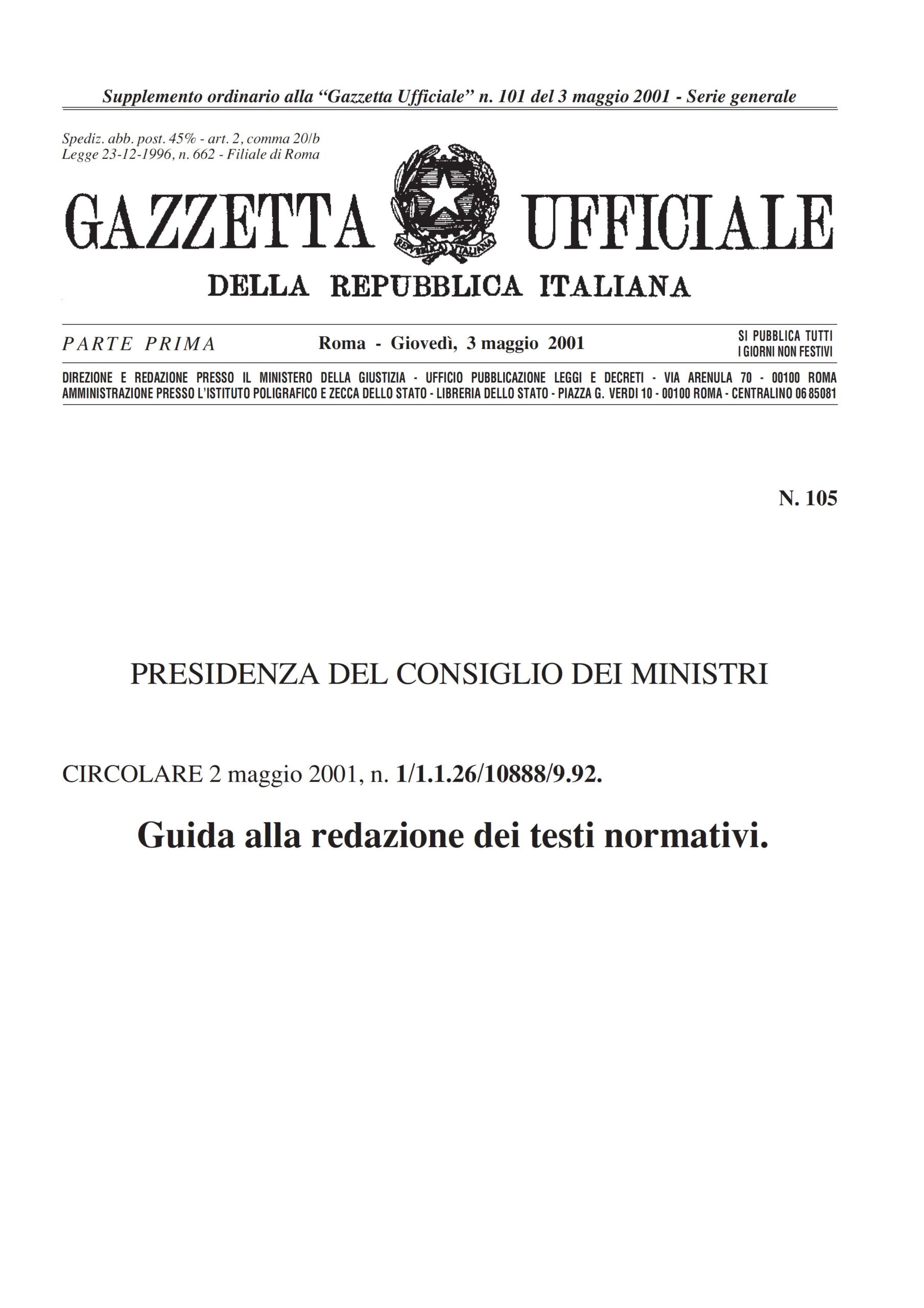 2001 GUIDA REDAZIONE TESTI NORMATIVI prima pagina